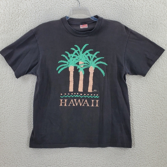 VTG Hanes Single Stitch T-Shirt Mens L 42-44 Black Hawaii Palm Tree Graphic USA - Picture 9 of 10